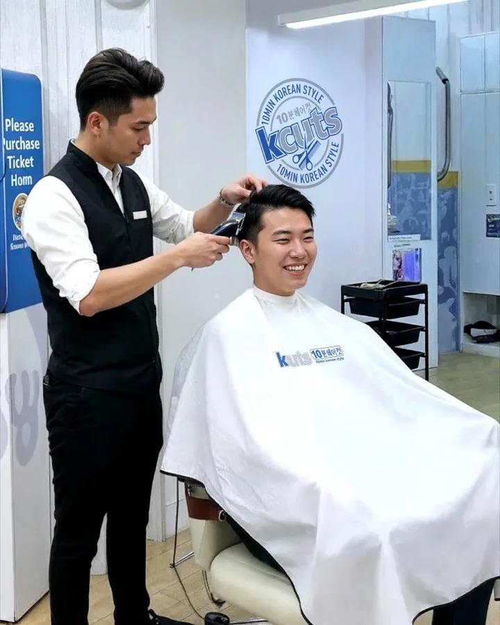 A kcuts stylist giving a 10-minute Korean haircut